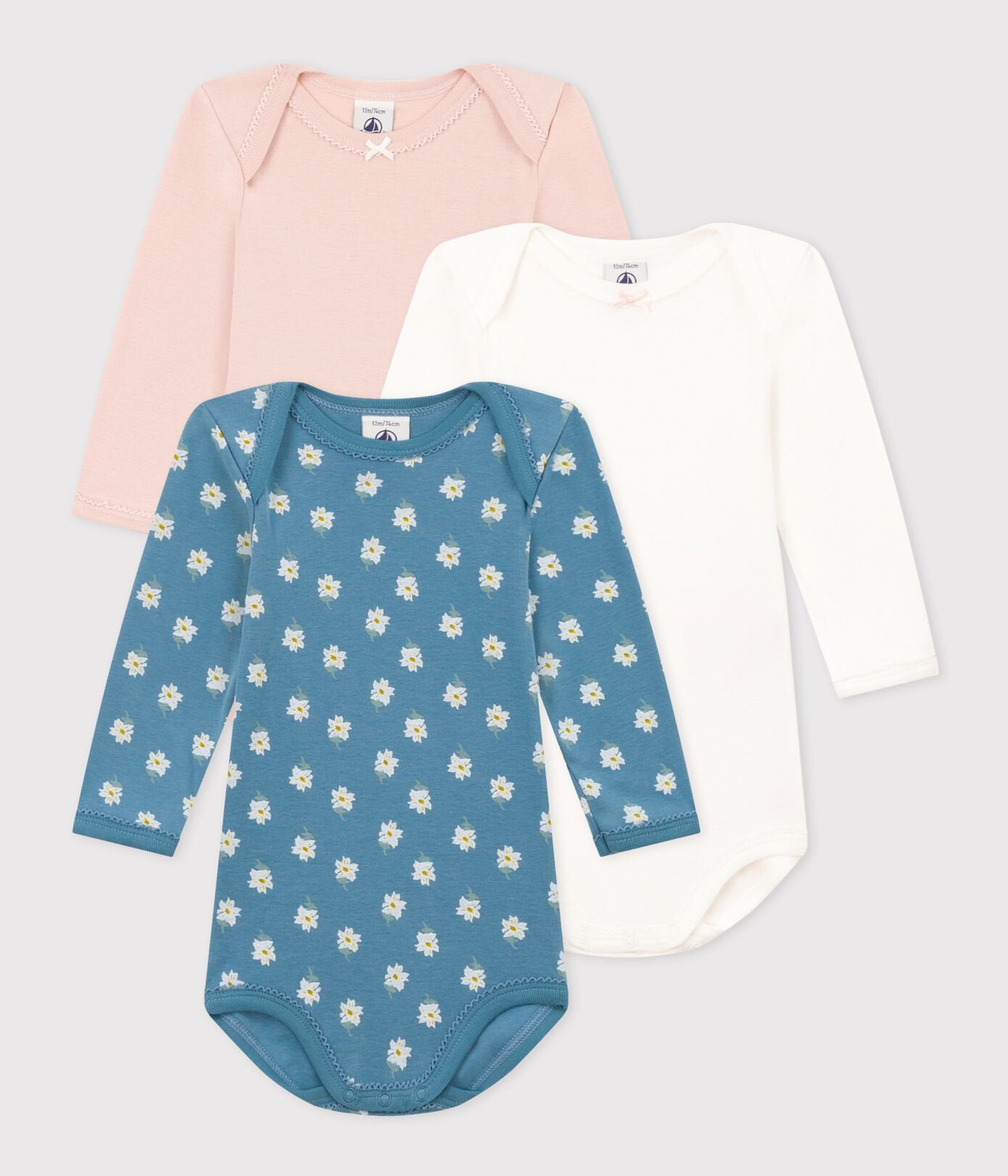 Pack of 3 Long Sleeve Bodysuits by Petit Bateau - set white, Baby