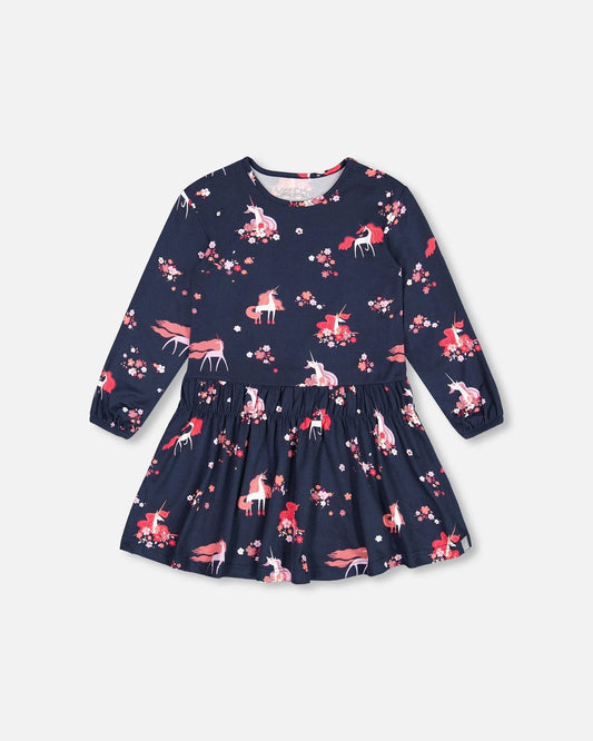 Deux Par Deux girls unicorn print long sleeve dress