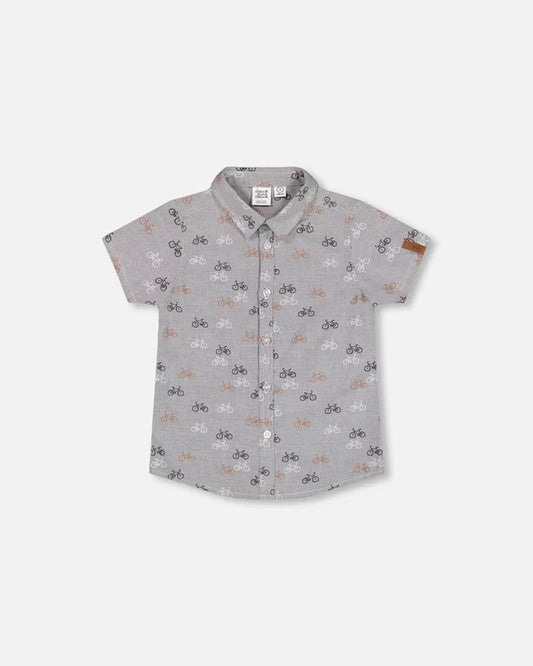 Deux Par Deux boys bike print button up shirt