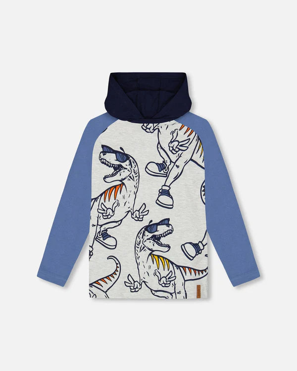 Deux Par Deux boys dino print raglan hooded tee